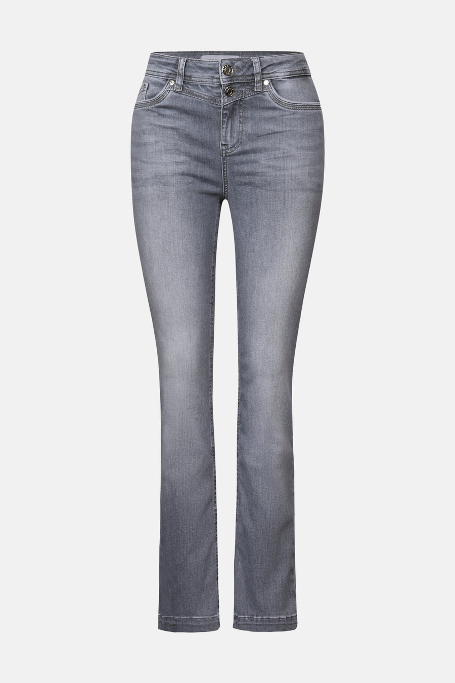 Jean bootcut en denim gris de STREET ONE, avec une coupe ajustée et une taille boutonnée.