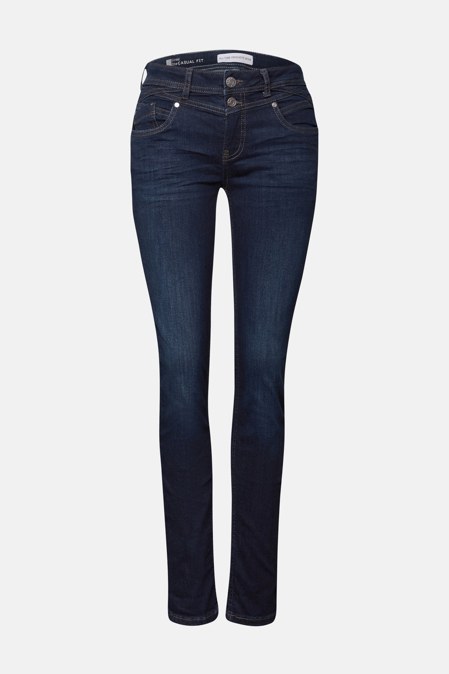 Jean slim en denim bleu moyen de STREET ONE, avec une coupe flatteuse et des détails subtils.