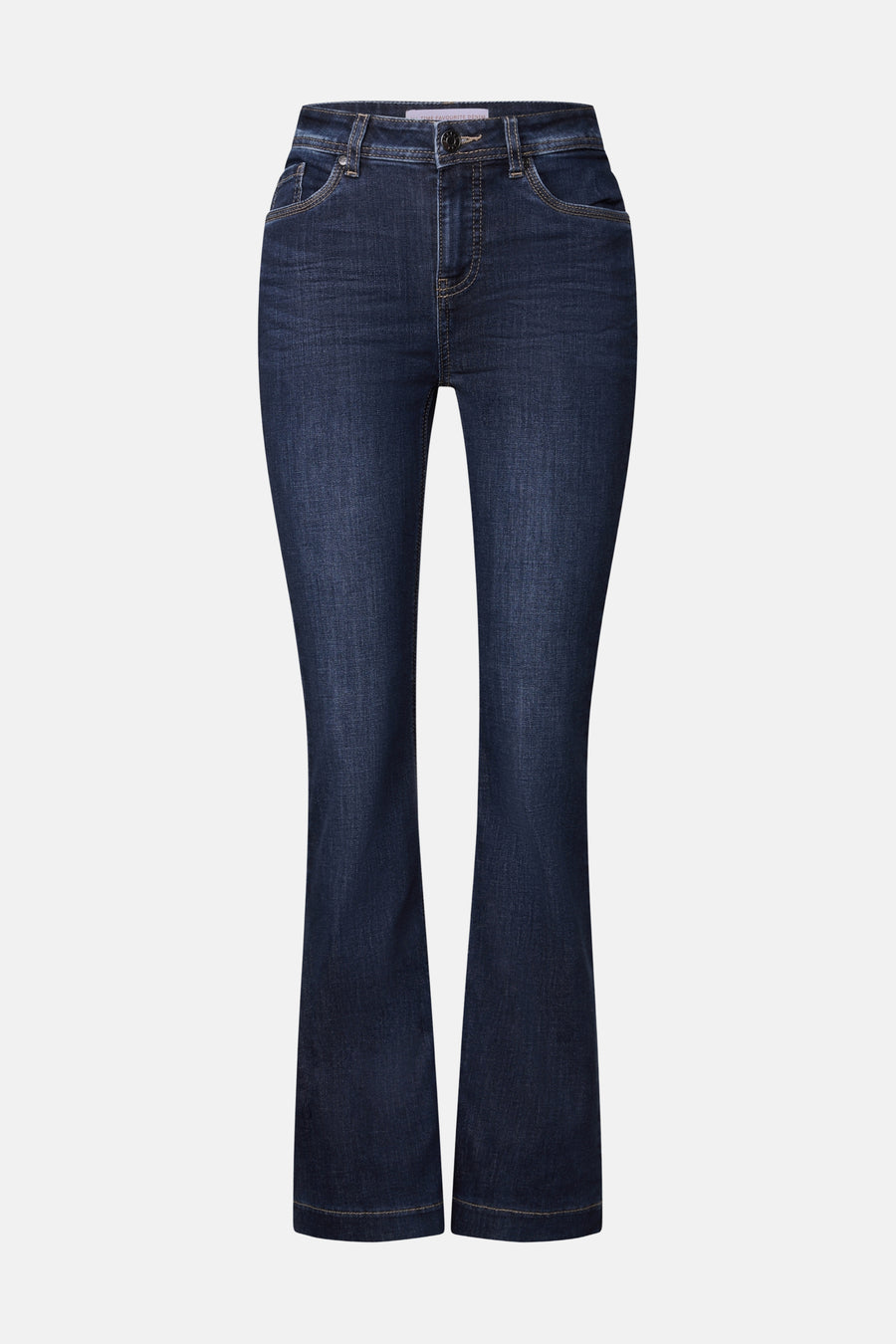 Jean bootcut en denim bleu foncé de STREET ONE, avec étiquette 'ALL TIME FAVOURITE DENIM' sur la ceinture, délavage subtil et coutures contrastantes.