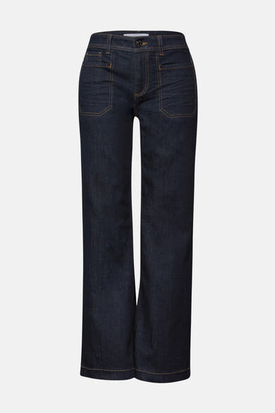 Jean large en denim bleu foncé de STREET ONE, avec des poches plaquées sur le devant.