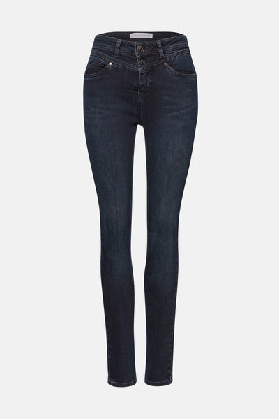 Slim jeans in zwartblauw denim van STREET ONE, met een hoge taille met knopen en versierde zakken.