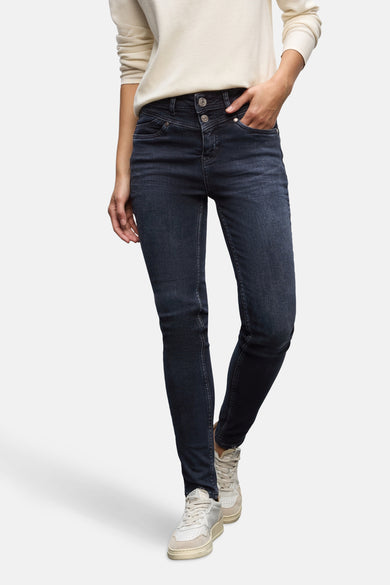 Slim jeans in zwartblauw denim van STREET ONE, met twee knopen in de taille en skinny pasvorm.