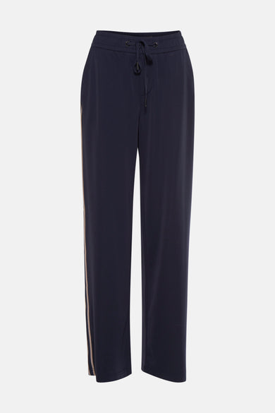 Pantalon bleu marine de Street One avec cordon de serrage et bande latérale beige.
