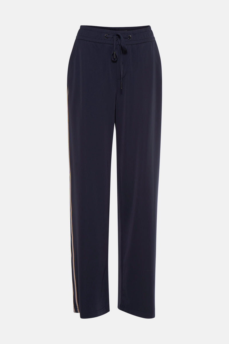 Pantalon bleu marine de Street One avec cordon de serrage et bande latérale beige.