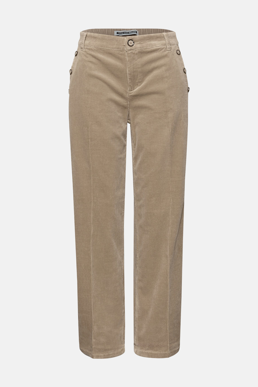 Pantalon beige en velours côtelé de Street One, avec boutons décoratifs sur les côtés.