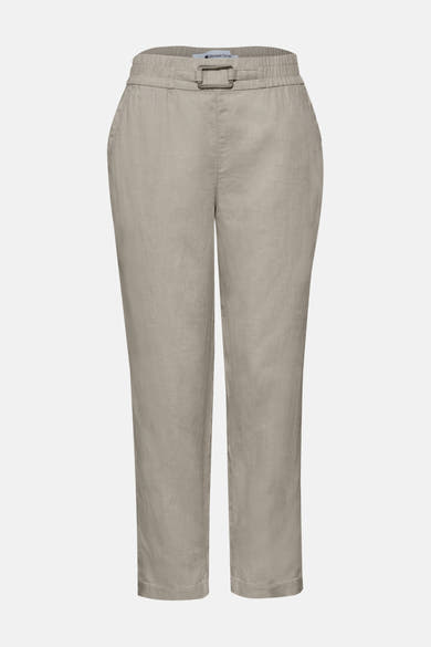 Beige joggingbroek van STREET ONE in lichte textuurstof met elastische tailleband en decoratieve gesp.