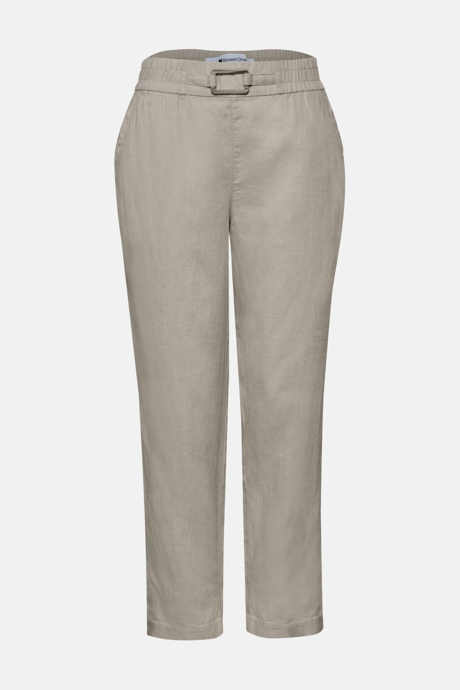 Beige joggingbroek van STREET ONE in lichte textuurstof met elastische tailleband en decoratieve gesp.