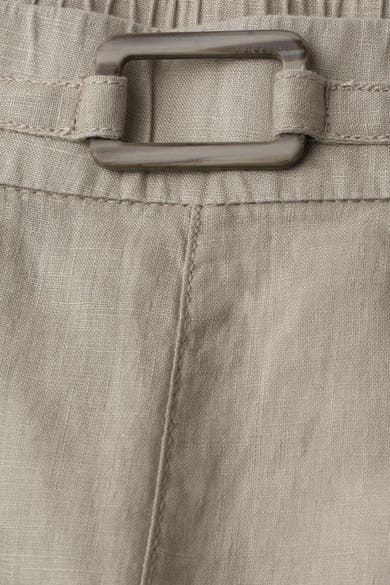 Beige joggingbroek van STREET ONE in getextureerde stof met rechthoekige gesp en zichtbare stiksels.