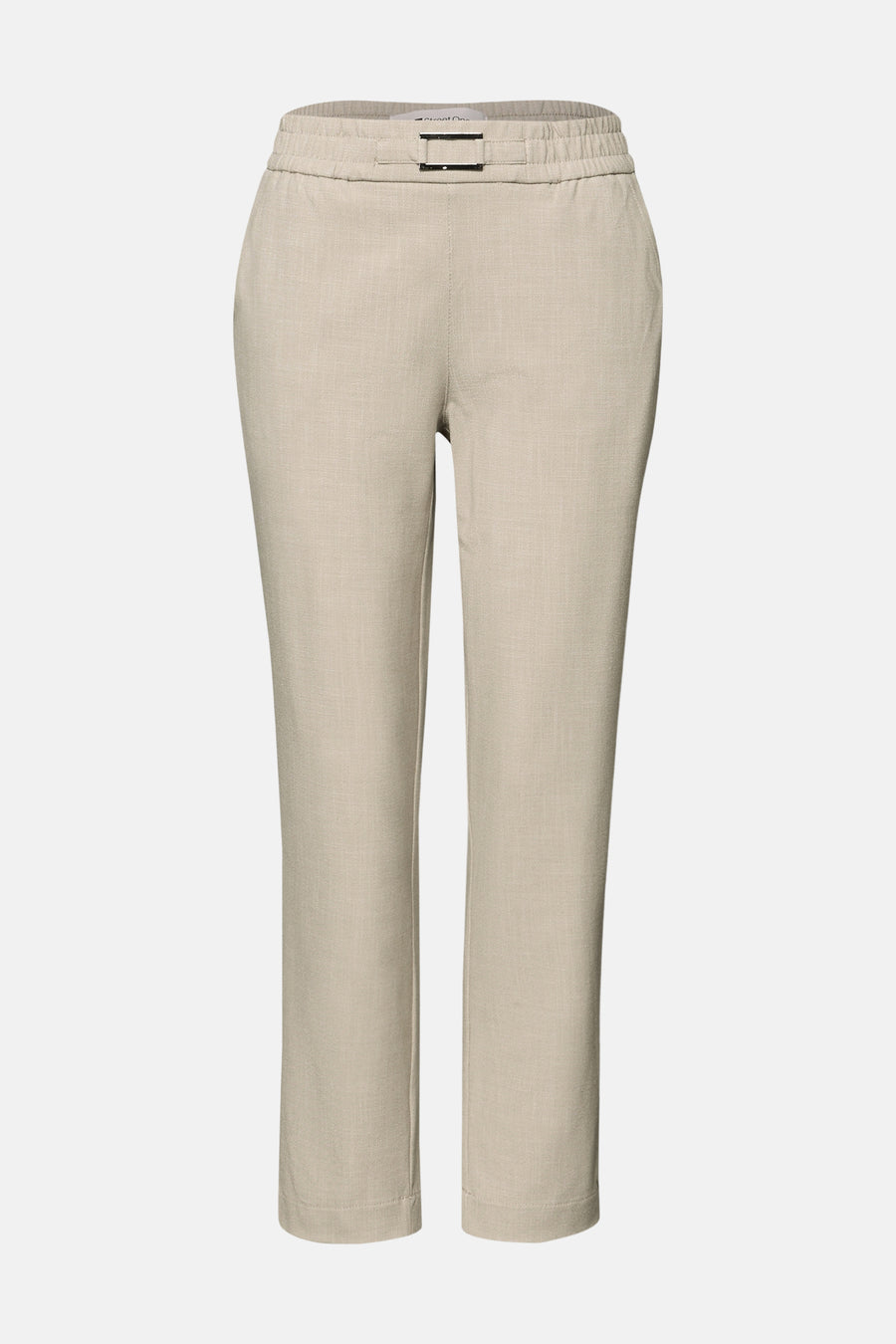 Pantalon de costume beige de STREET ONE avec taille élastiquée, coupe fuselée et boucle décorative.