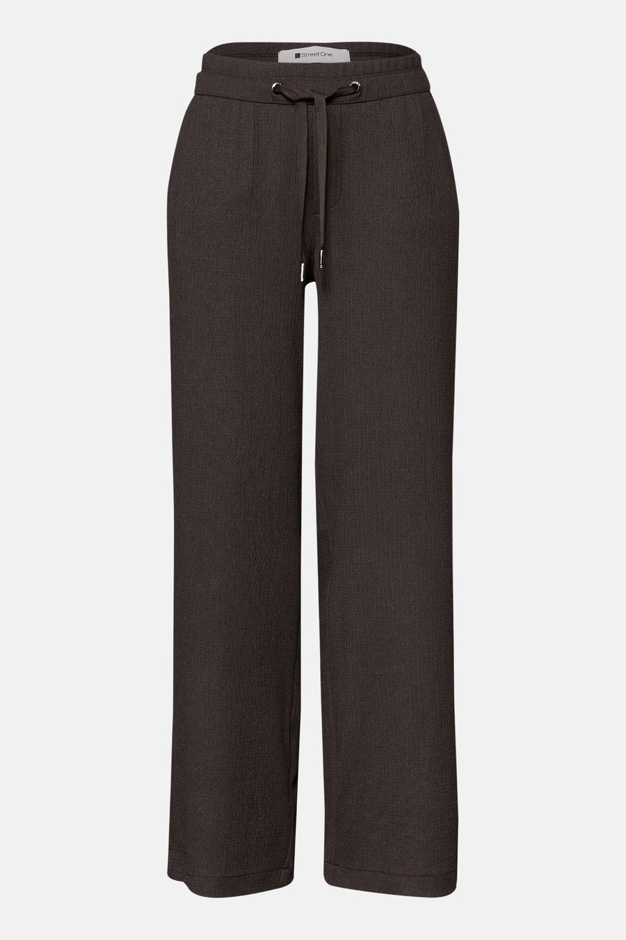 Pantalon brun de STREET ONE à la texture crêpée, avec un cordon de serrage et des œillets métalliques.