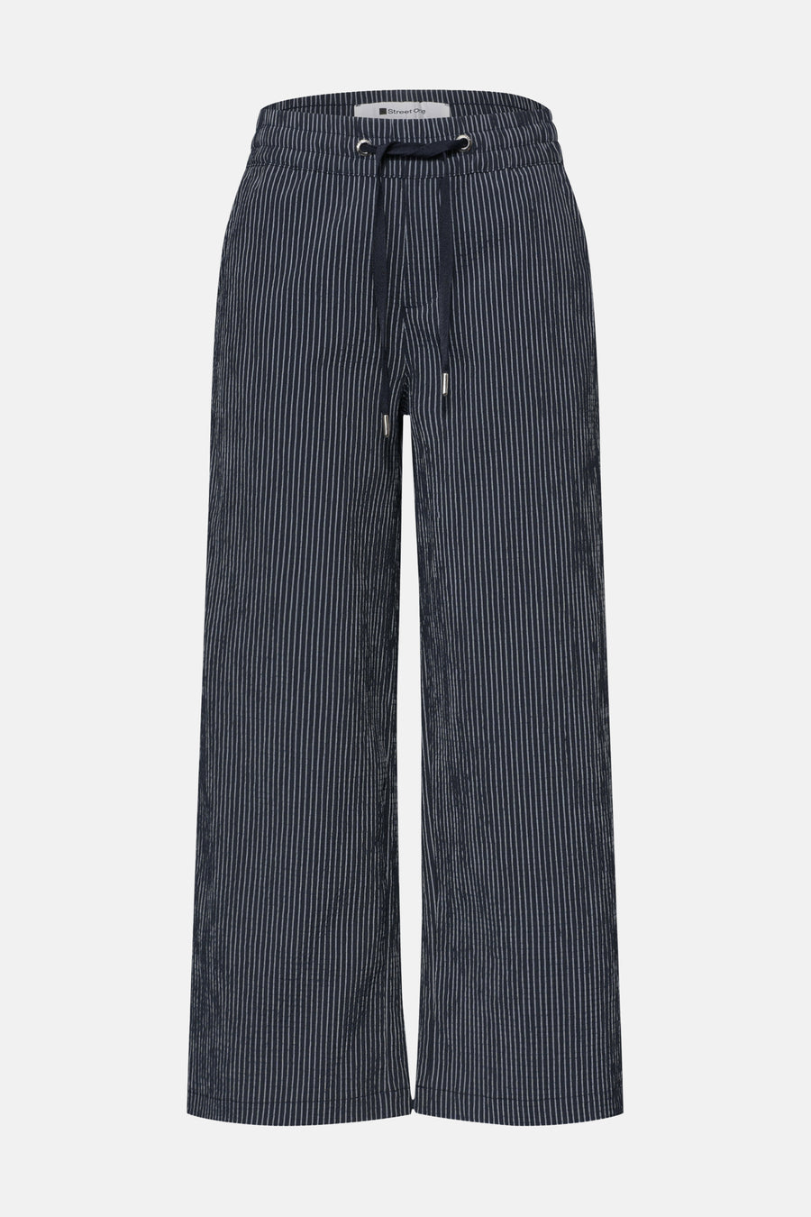 Pantalon bleu de STREET ONE à rayures verticales fines, avec cordon de serrage et coupe ample.