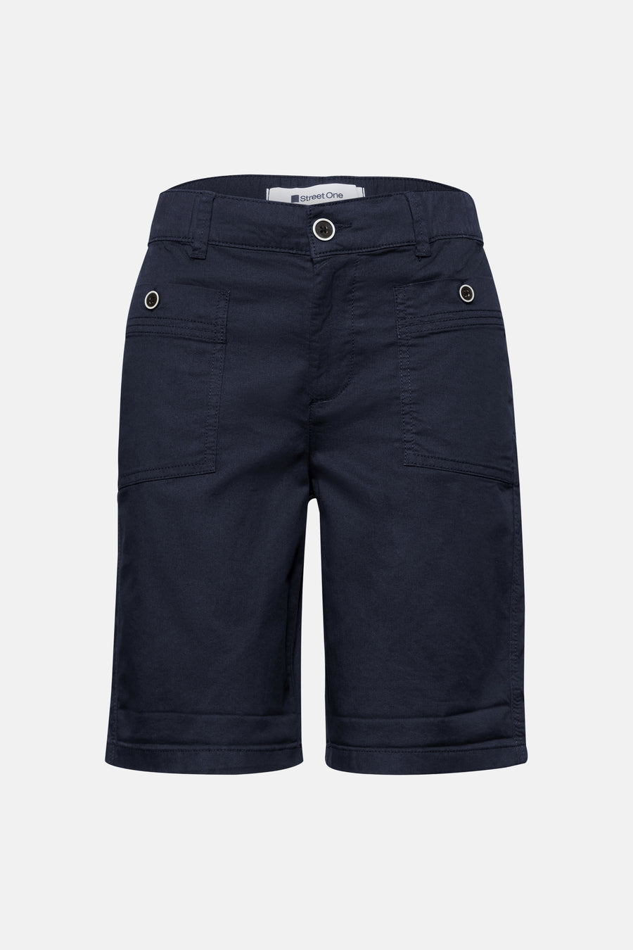 Bermuda bleu marine de Street One avec fermeture boutonnée, passants de ceinture et poches plaquées avant.