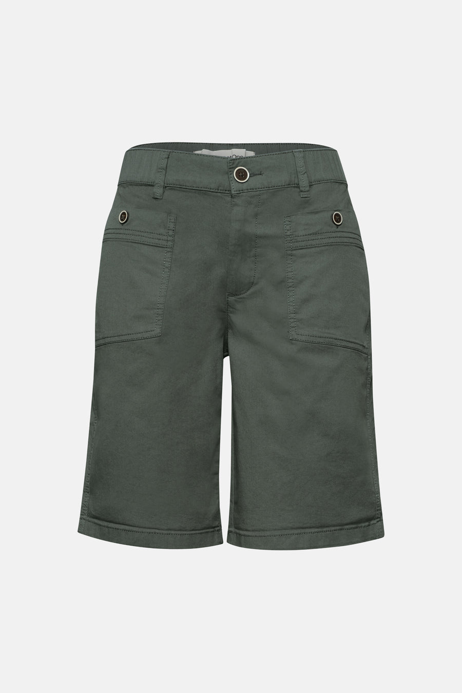 Bermuda kaki de STREET ONE, avec taille à passants, bouton et poches plaquées à œillets.