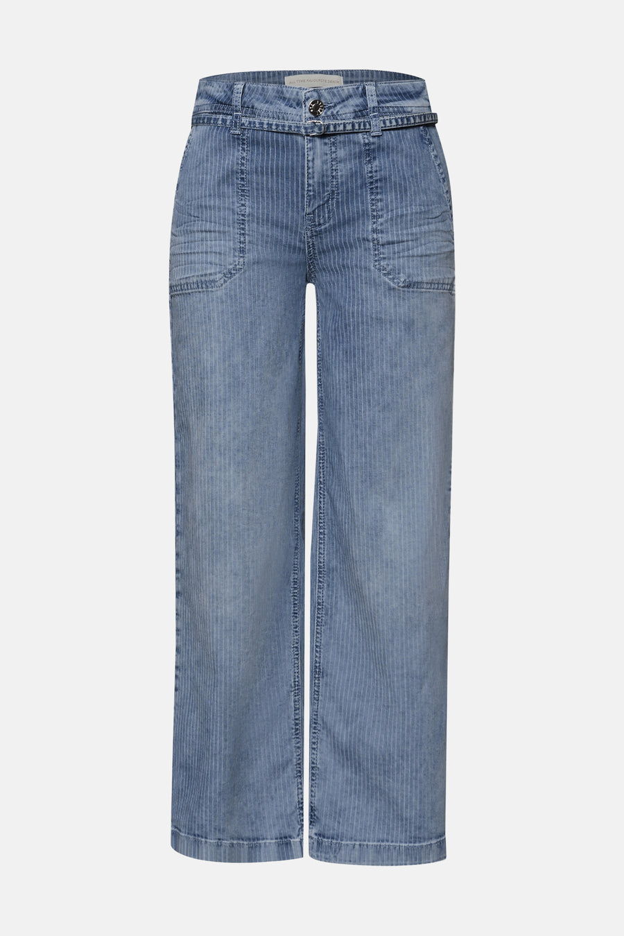 Jean large en denim bleu moyen à fines rayures verticales blanches de STREET ONE, avec grandes poches et sangle intégrée à la taille.