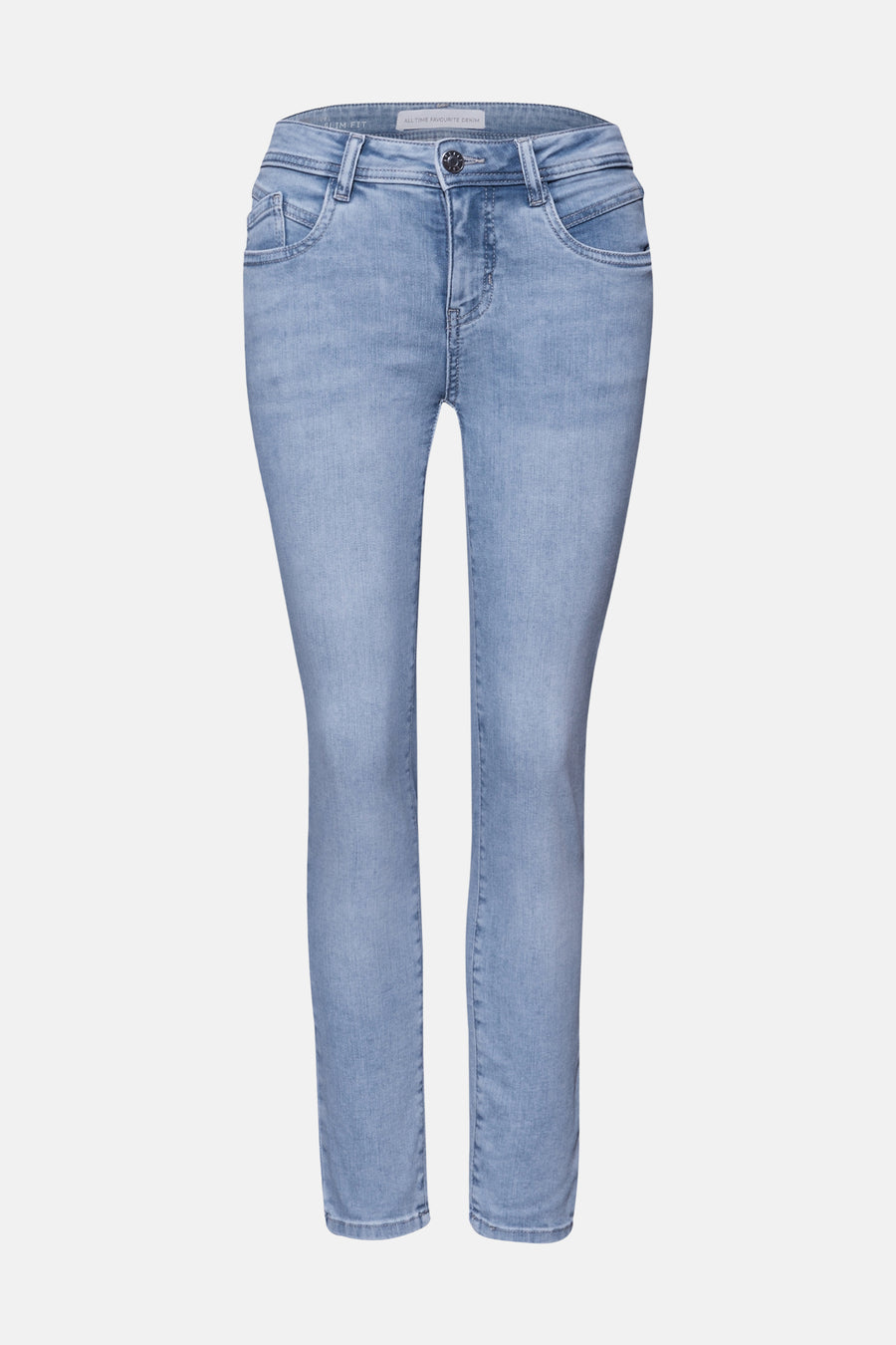Jean slim en denim bleu clair de Street One, coupe ajustée et détails de poches classiques.