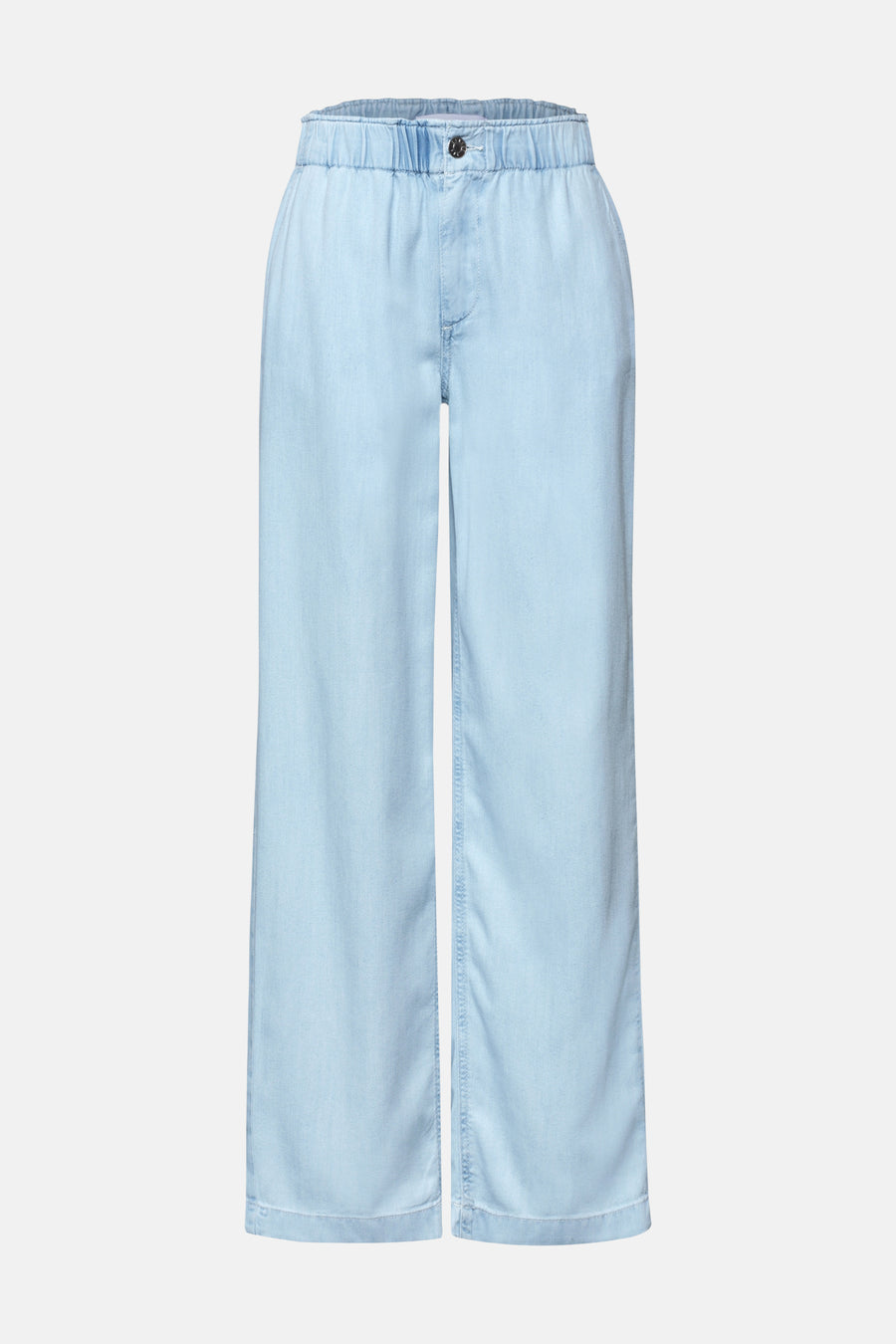 Jean large en denim bleu clair de STREET ONE, avec taille élastique et bouton unique, vue de face.