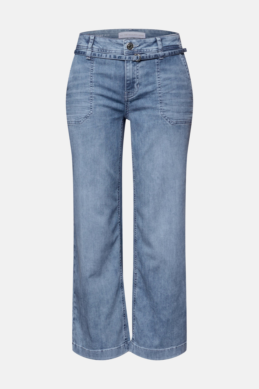 Wijde spijkerbroek in middieblauw denim van STREET ONE met een smalle riem, opgestikte zakken aan de voorkant en een losse pasvorm.