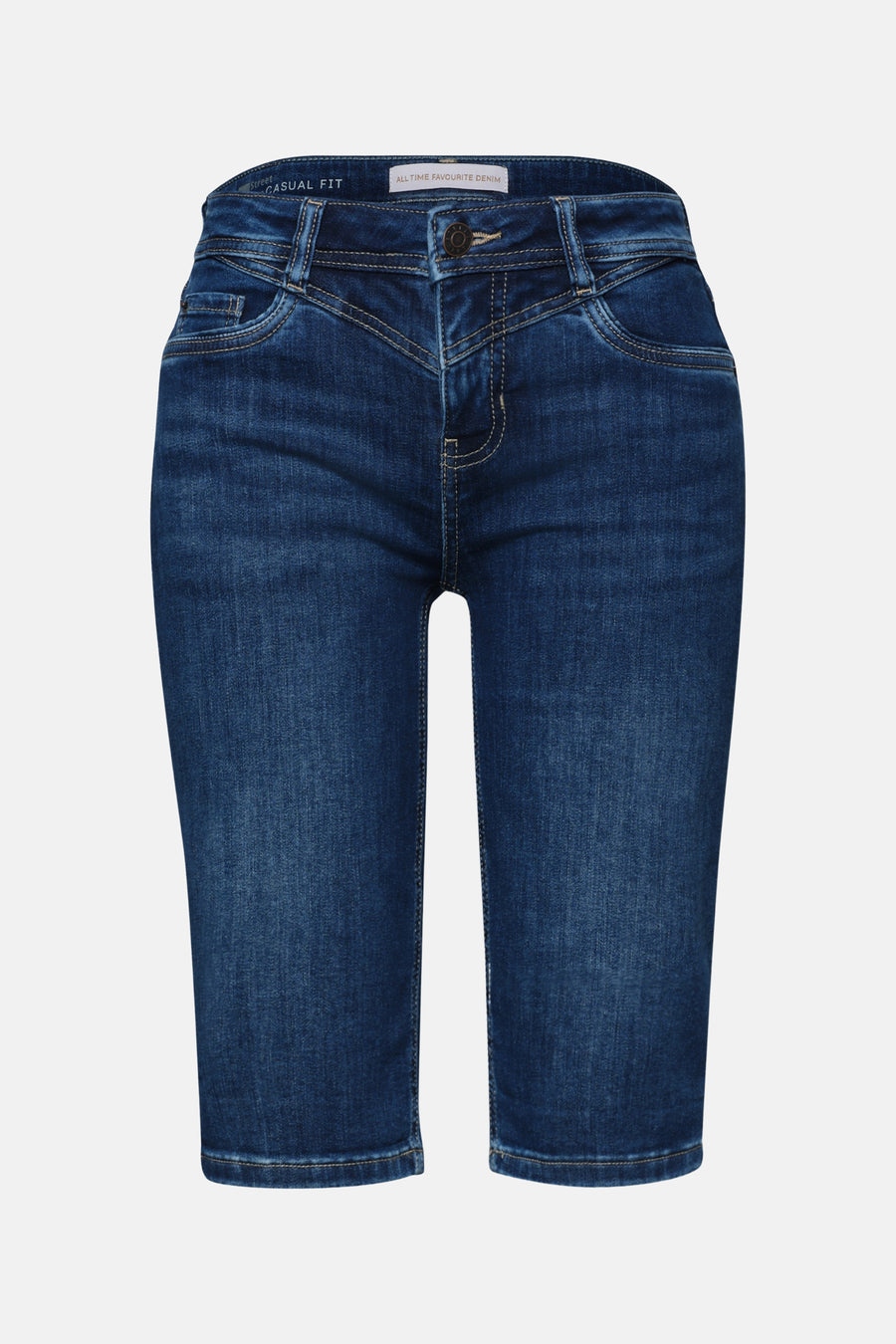Bermuda en jean bleu moyen coupe décontractée de STREET ONE, avec coutures contrastées et bouton métallique.