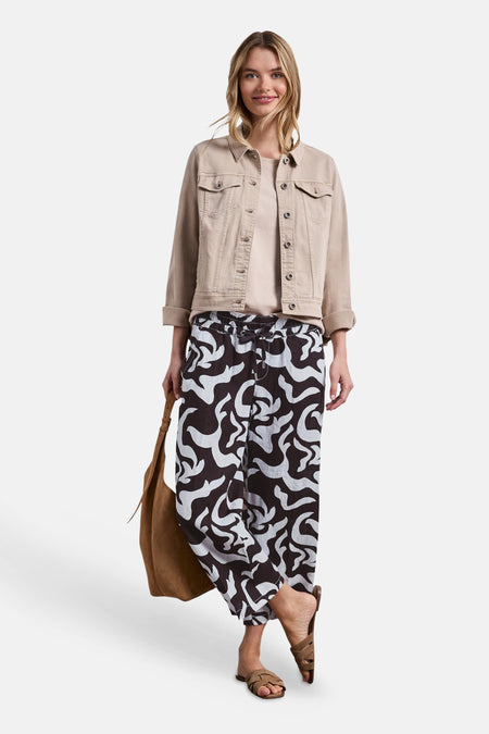 Pantalon de costume noir et blanc à motifs abstraits de STREET ONE, avec cordon de serrage.