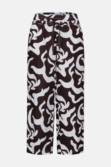 Bruin en wit kostuumbroek van STREET ONE met abstract patroon en elastische tailleband met trekkoord.
