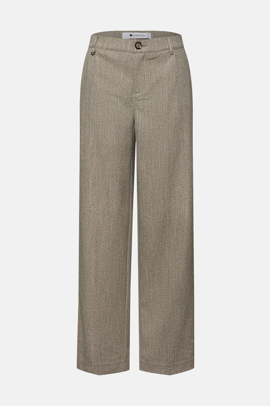 Pantalon de costume beige par STREET ONE, motif chevron subtil et coupe ample moderne.