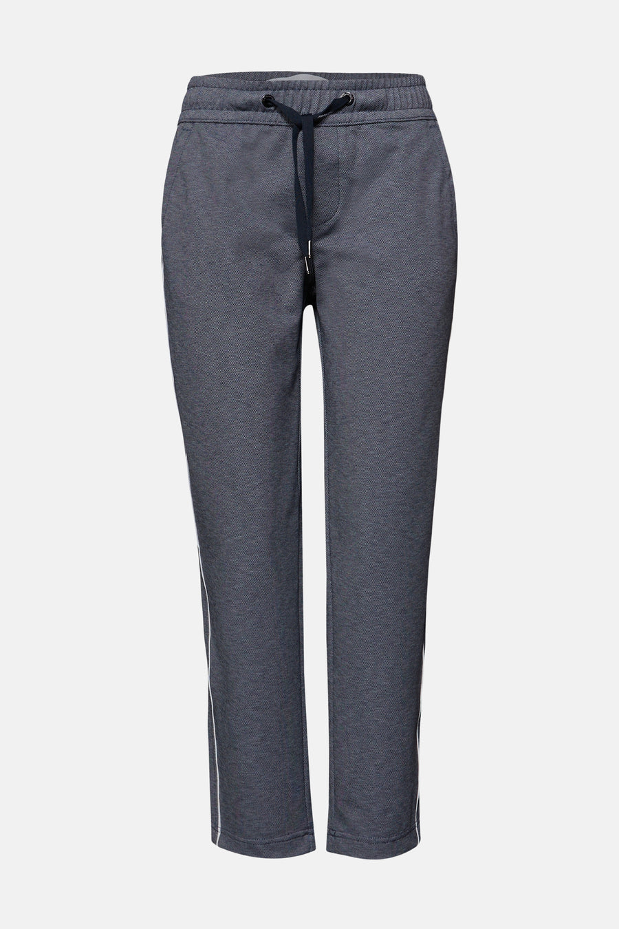 Blauwe pantalon van STREET ONE, met trekkoord en witte strepen aan de zijkanten.