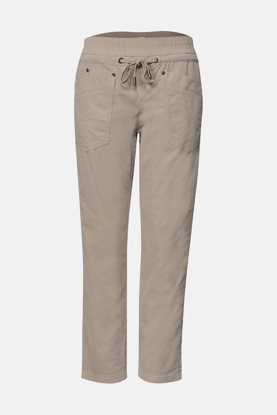 Beige cotton-blend pants with elastic waist and drawstring, front pockets, straight leg fit, front view
