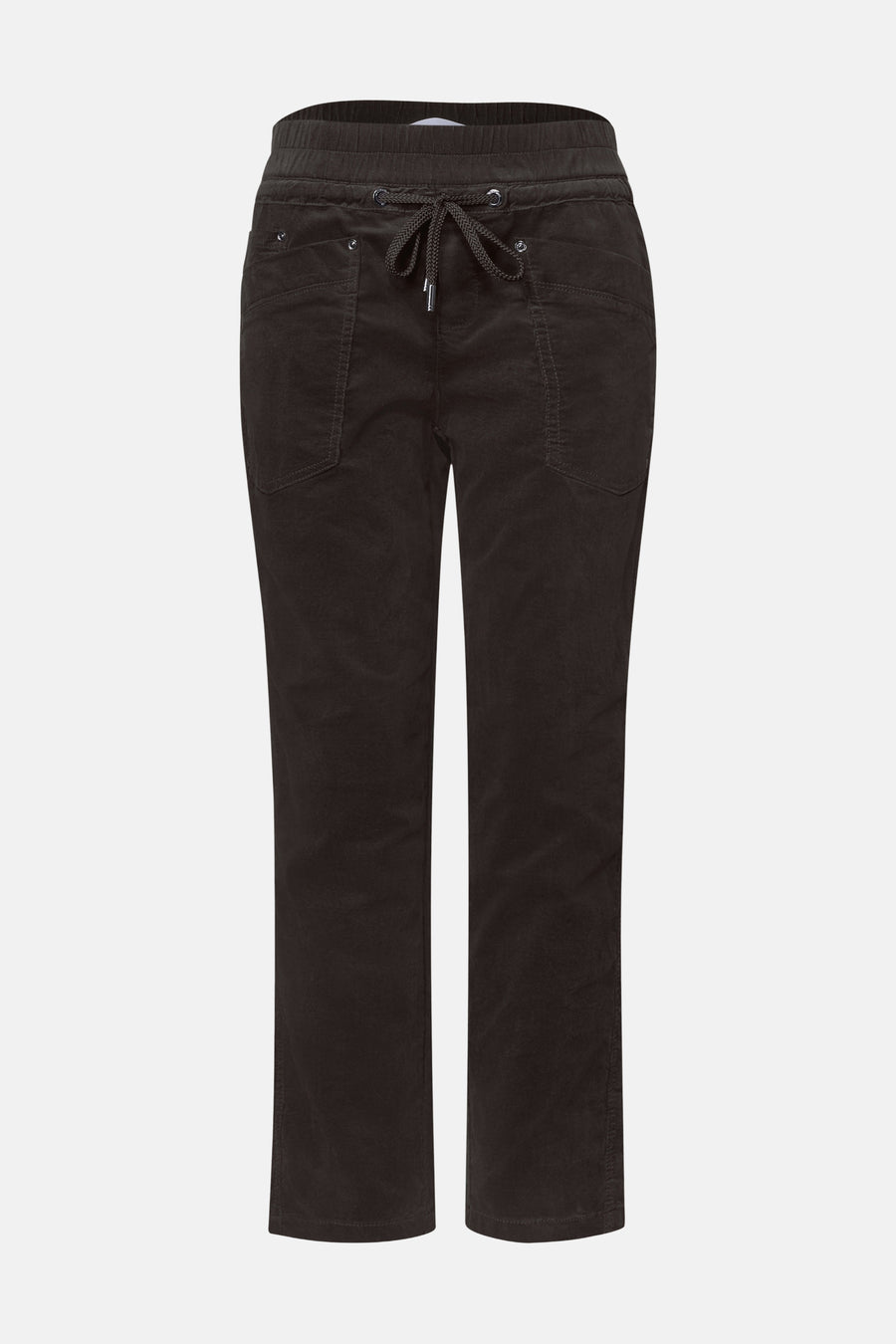 Brown corduroy pants by STREET ONE with elastic waistband, drawstring, and front pockets, shown front view.