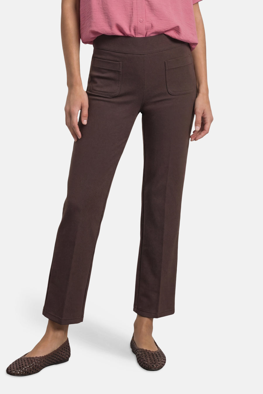 Brown straight-leg suit trousers by STREET ONE with elastic waistband, front pockets, and cropped hem, worn with pink top and woven flats.