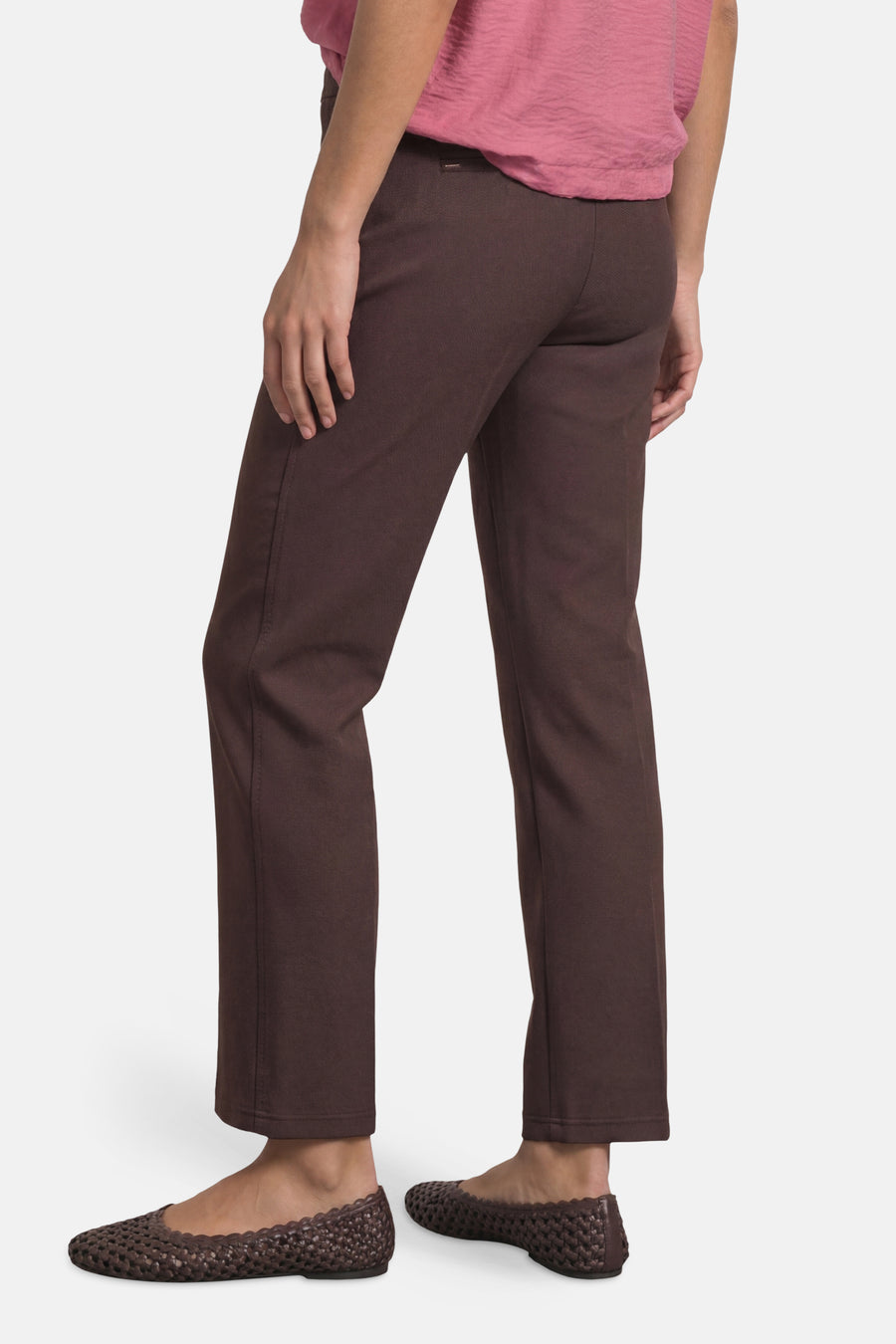 Brown tailored trousers by STREET ONE, side view, straight fit with textured fabric, paired with pink top and woven flats