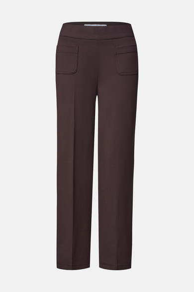 Dark red tailored suit pants by STREET ONE, straight-leg fit with back pockets, smooth texture, front view