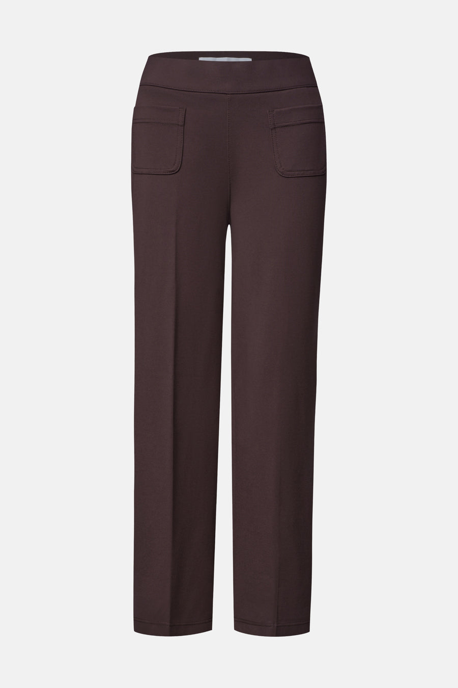 Dark red tailored suit pants by STREET ONE, straight-leg fit with back pockets, smooth texture, front view