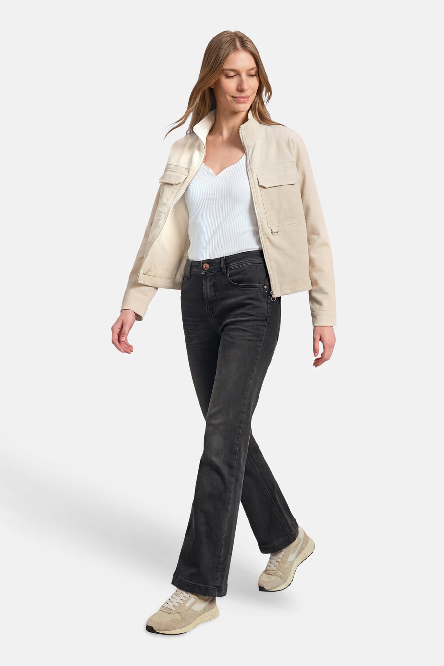 Black bootcut denim jeans by STREET ONE, worn with a cream utility jacket and white ribbed top, full-length lifestyle view