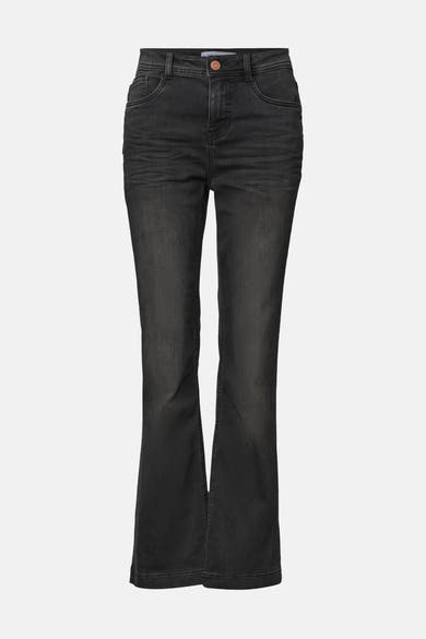 Black bootcut denim jeans by STREET ONE, front view with slim fit and flared legs, classic five-pocket design and copper button closure