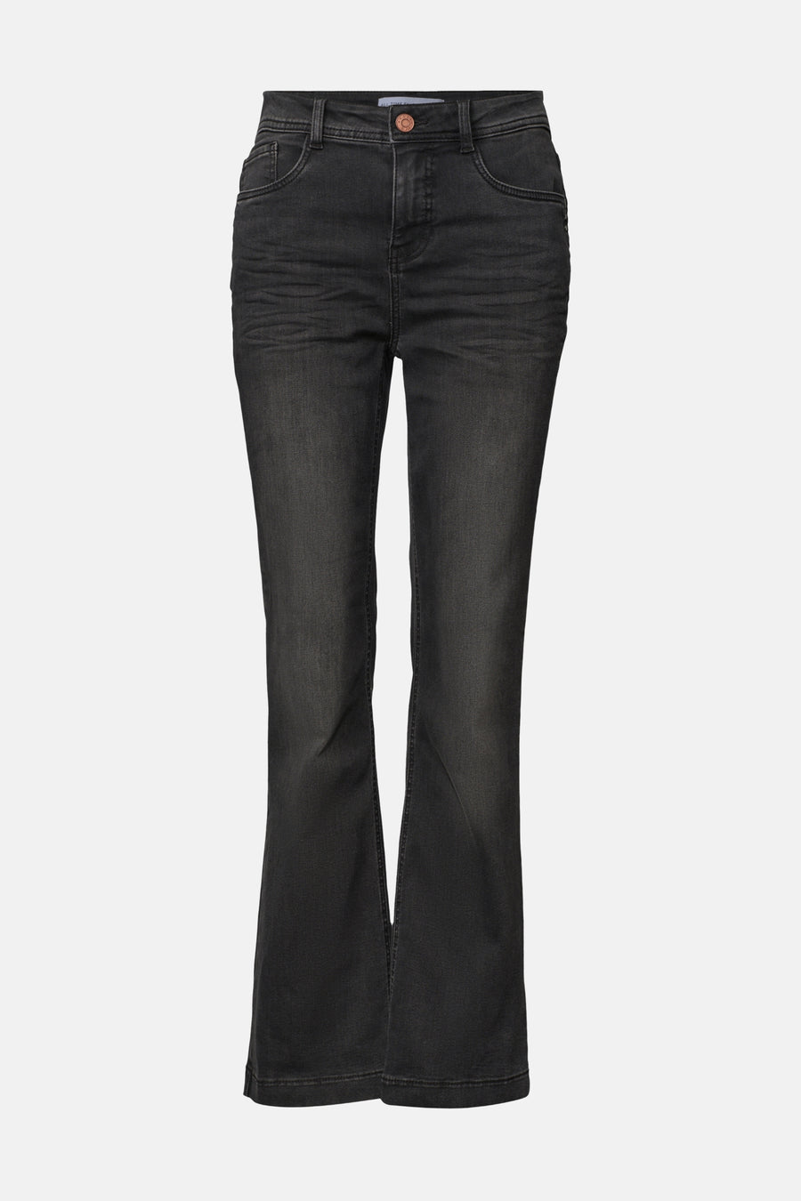 Black bootcut denim jeans by STREET ONE, front view with slim fit and flared legs, classic five-pocket design and copper button closure