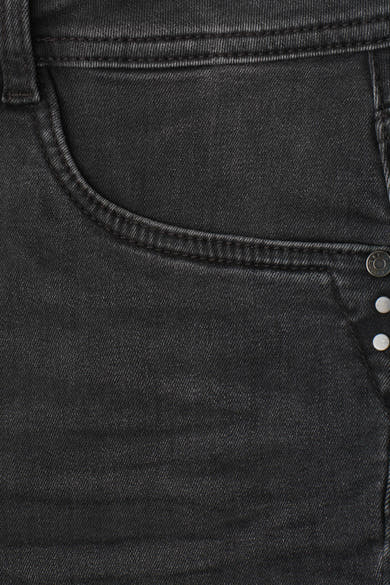 Black bootcut denim jeans by STREET ONE, close-up back pocket with silver buttons and textured fabric detail