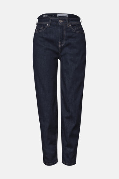 Dark blue denim jeans by STREET ONE, straight-leg fit with visible stitching and front pockets, front view.