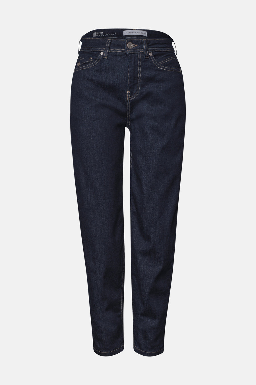 Dark blue denim jeans by STREET ONE, straight-leg fit with visible stitching and front pockets, front view.