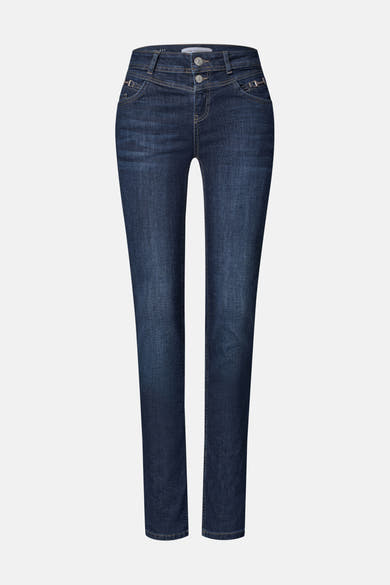 Dark blue slim-fit denim jeans by STREET ONE, featuring front pockets with metal accents and a clean, straight leg silhouette.