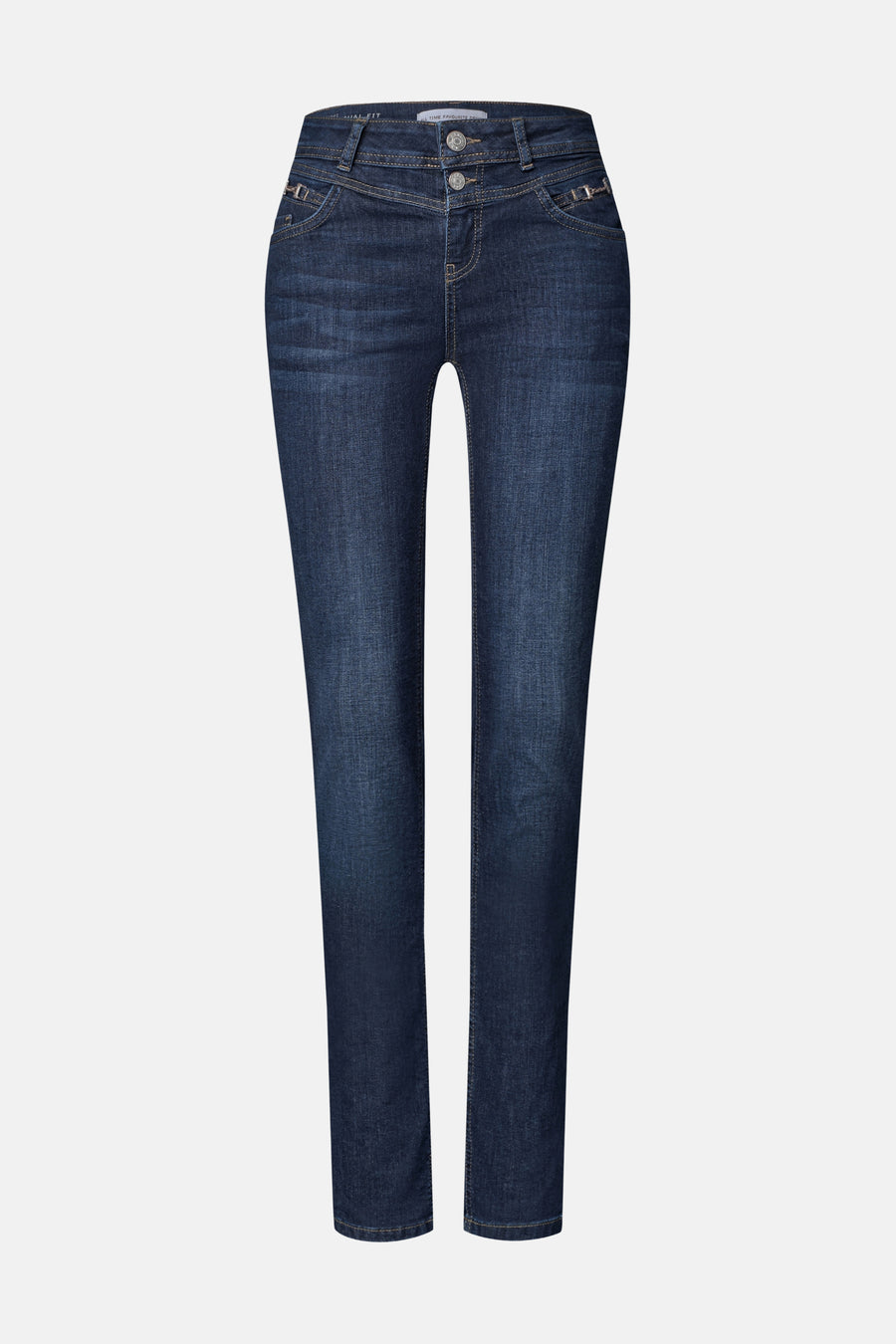 Dark blue slim-fit denim jeans by STREET ONE, featuring front pockets with metal accents and a clean, straight leg silhouette.