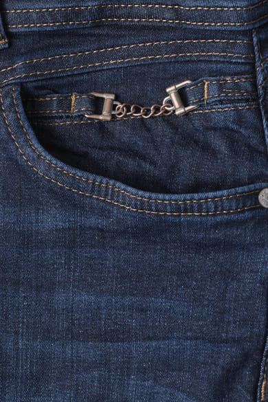 Dark blue slim-fit denim jeans by STREET ONE, featuring copper chain detail on back pocket with contrast stitching, close-up view