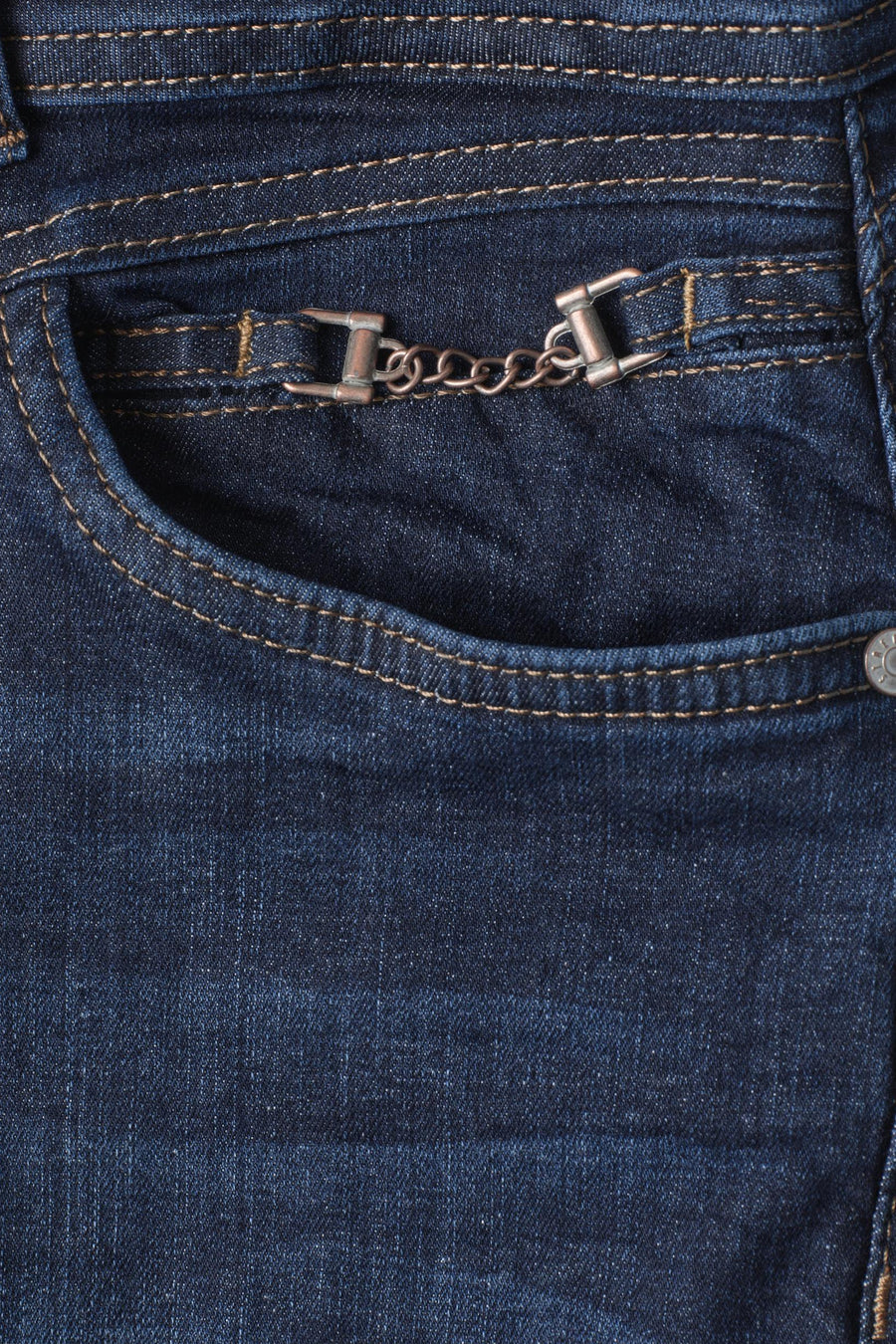 Dark blue slim-fit denim jeans by STREET ONE, featuring copper chain detail on back pocket with contrast stitching, close-up view