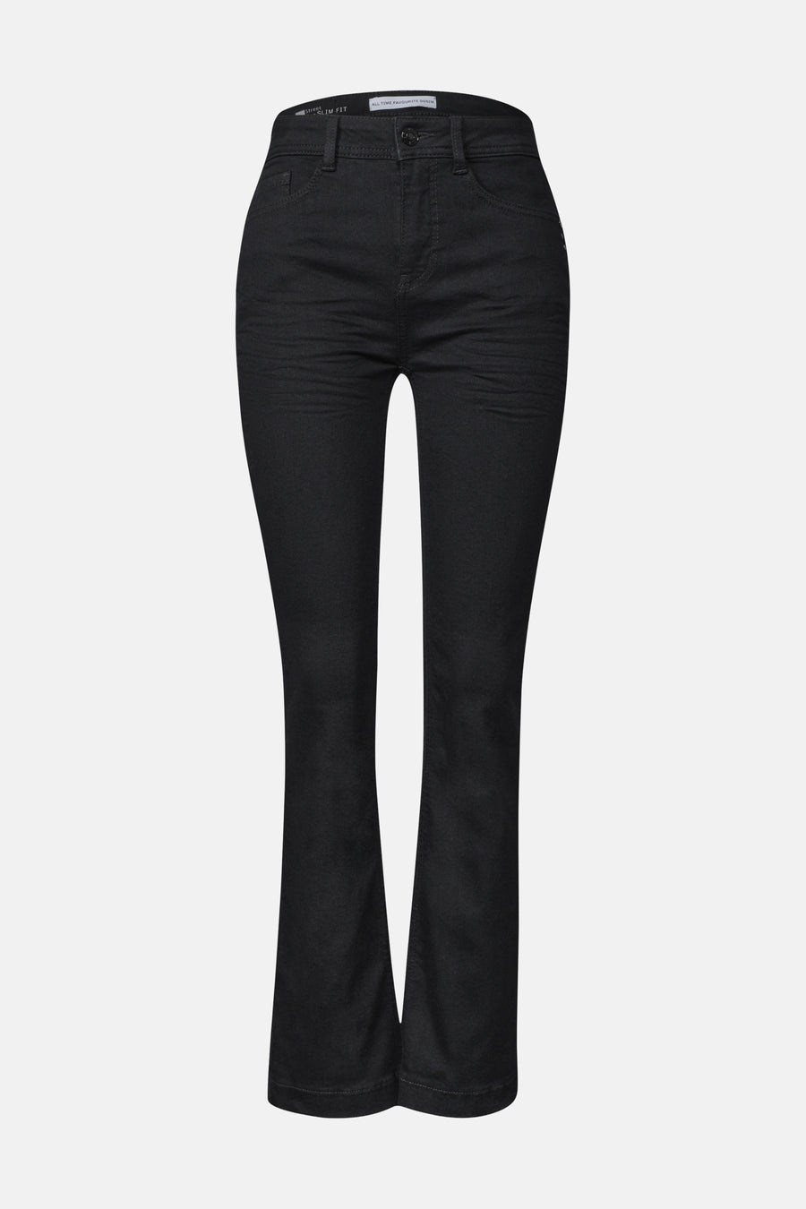 Jean bootcut noir STREET ONE, vu de face, avec poches avant et fermeture boutonnée.