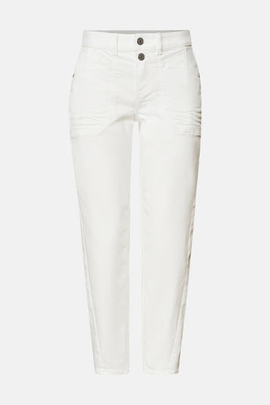 Off-white mom jeans by STREET ONE, straight-leg fit with classic five-pocket design and front button closure, front view