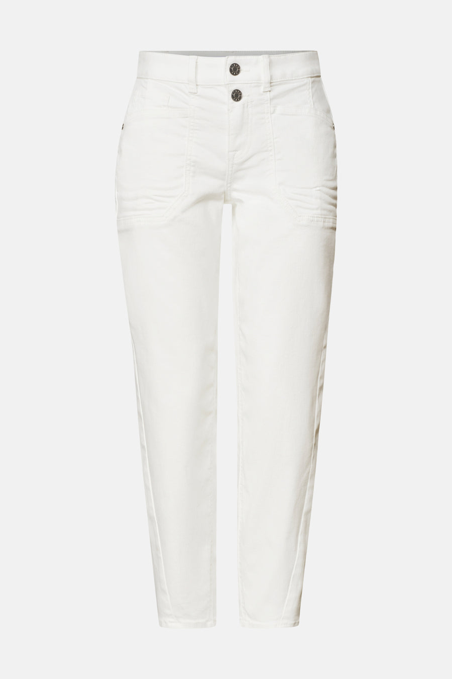 Off-white mom jeans by STREET ONE, straight-leg fit with classic five-pocket design and front button closure, front view