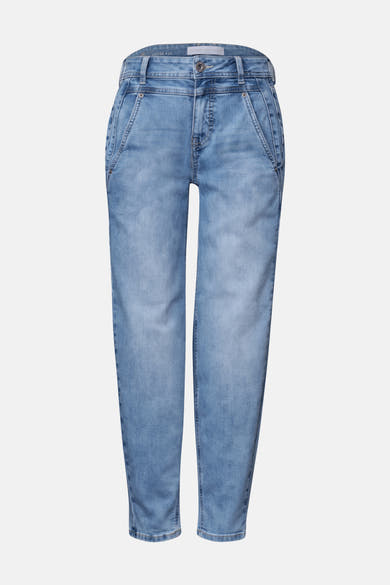 Light blue loose fit denim jeans by STREET ONE, front view with faded wash and classic five-pocket styling