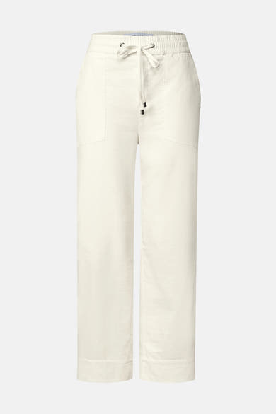 White elastic-waist women's seasonal pants by STREET ONE, featuring drawstring closure and cuffed hems, front view