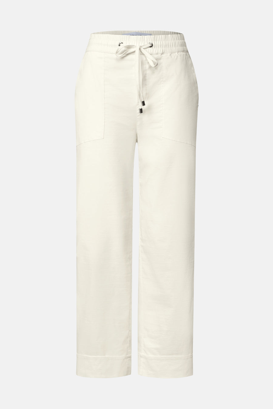 White elastic-waist women's seasonal pants by STREET ONE, featuring drawstring closure and cuffed hems, front view