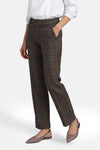 Brown plaid suit trousers by STREET ONE, side view with buttoned front pockets, worn with white blouse and taupe pointed flats.