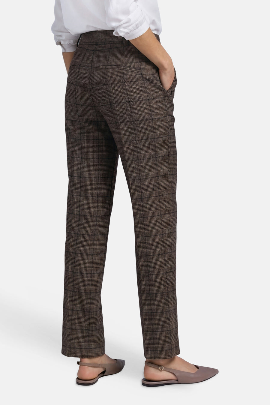 Brown checkered suit trousers by STREET ONE, back view with white blouse and taupe flat sandals